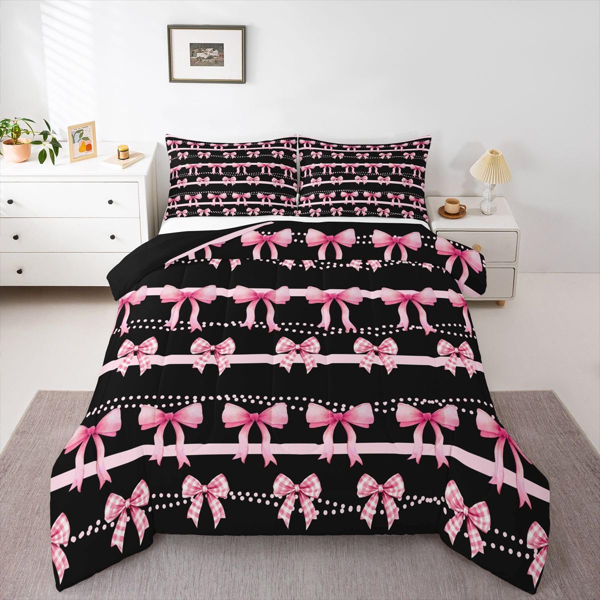 Homewish Preppy różowa kokarda pojedynczy zestaw kołdry - różowa kratka kokardki zestaw pościeli śliczna kokarda węzeł zestaw kołdry - księżniczka muszka bez przykrycia kołdra