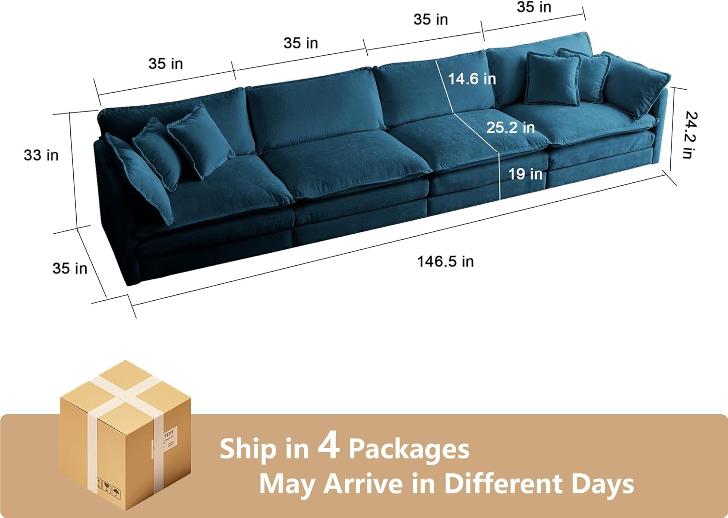 Tmsan 146.5" Oversized Deep Seat Chenille Cloud Sofa Couch, Large 4 Seater Modular Sectional Sofa for Living Room Apartment Office (Blue)
