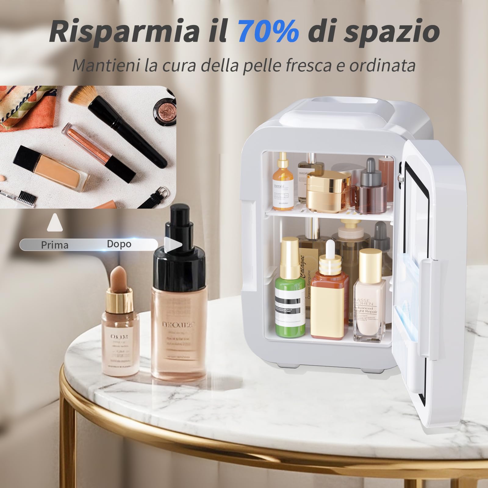 YASHE Mini Frigo per Camera, Frigo Skincare con Specchio LED, Piccolo Frigo da 4 L portatile, Termoelettrico, Riscaldatore e Raffreddatore 220V AC / 12V DC per Auto, Ufficio, Dormitorio (bianco)