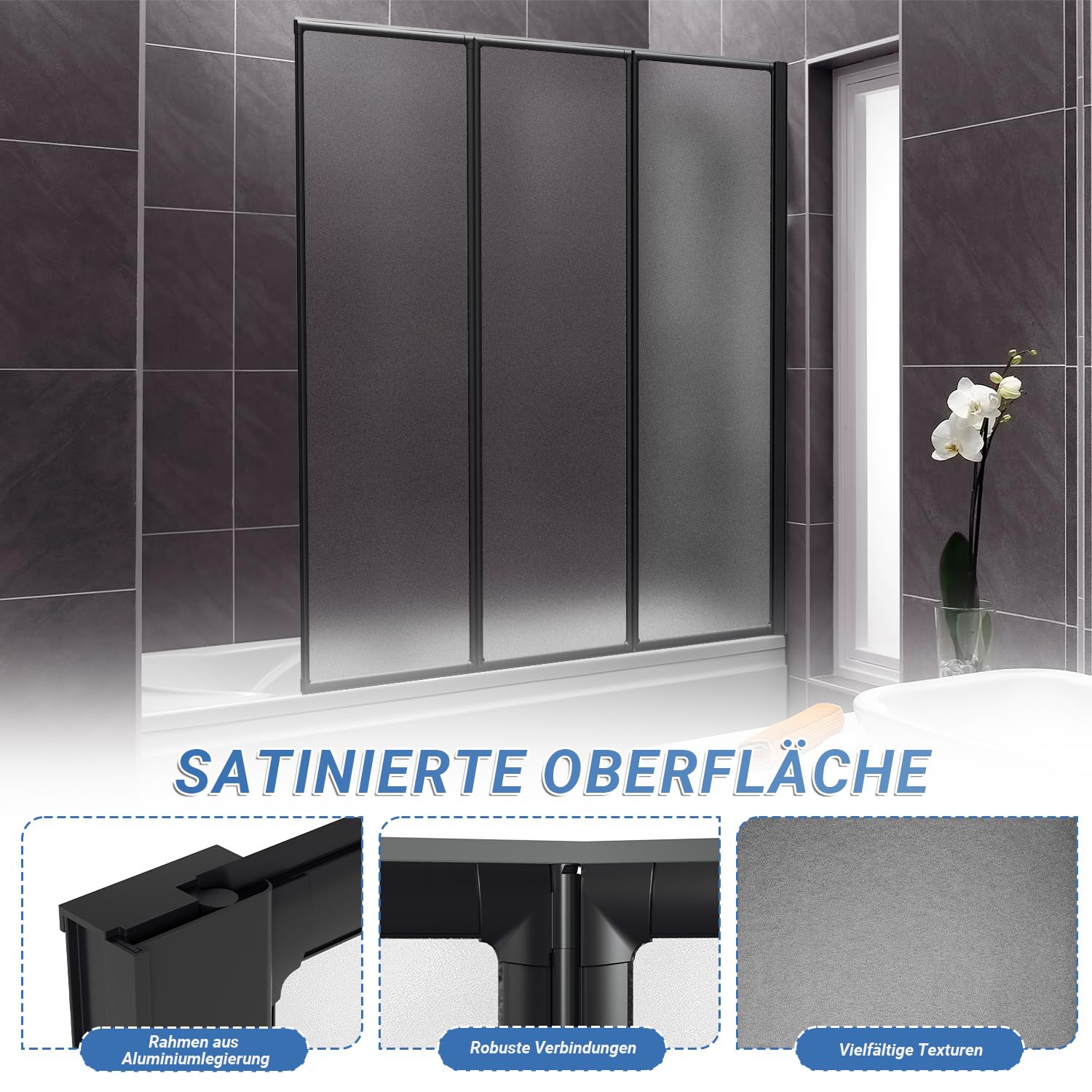 Parete doccia per vasca da bagno, 100 x 140 cm, 2 pezzi, pieghevole | telaio nero, pannello in plastica opaca, per bagno, vasca da bagno, paraspruzzi, decorativo, infrangibile