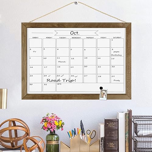 Miniatura 6 de Pizarra de calendario mensual de borrado en seco, pizarra blanca magnética para pared, oficina, escuela, hogar, marco de madera para colgar lista de