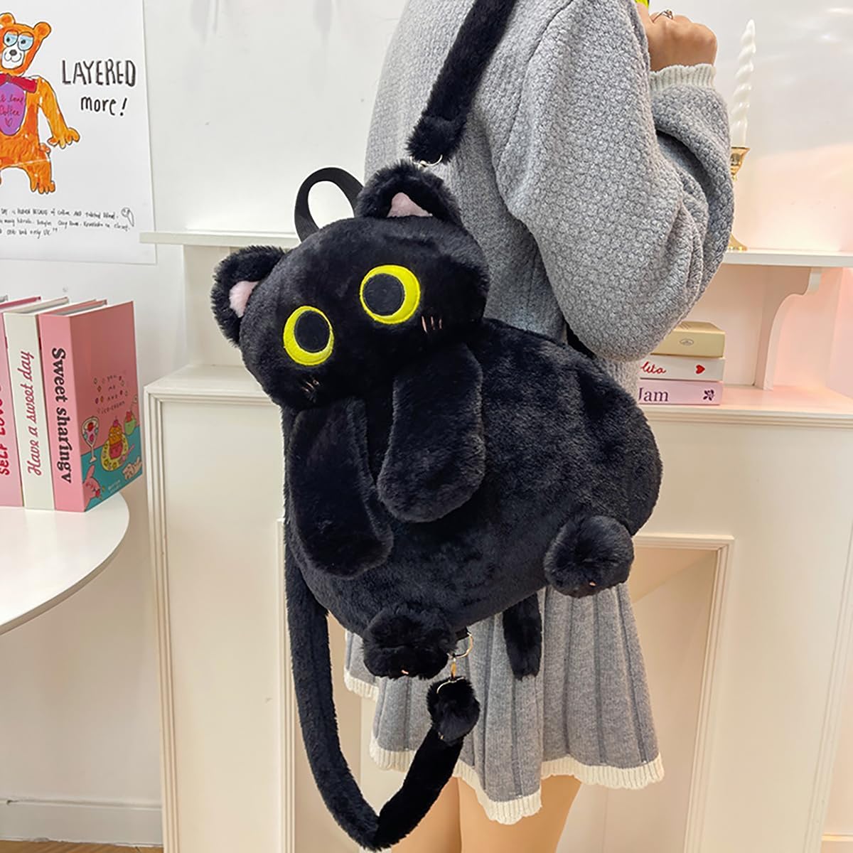 Girls Black Cat Plush Backpack – Stuffed Animal Cat Bag with Adjustable Straps, Perfect for Birthday Travel & Gifts (Black Cat)