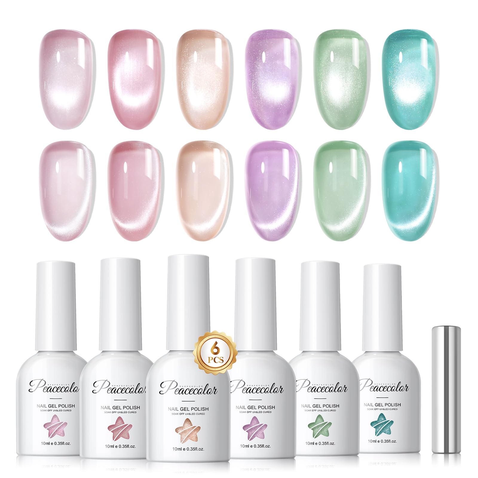 PEACECOLOR 6PCS UV Nagellack Cat Eye, Rosa Nude Lila Grün Blau Cat Eye Gel mit Magnet, UV Nagellack Magnetisch Glitzer, Soak Off Nail Art Maniküre 10ml