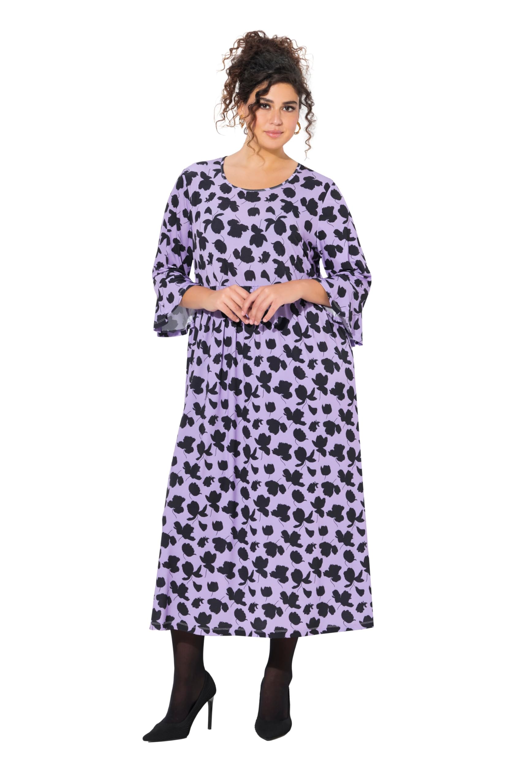 Ulla Popken Damen große Größen Übergrößen Plus Size Jerseykleid, A-Linie, Rundhals, 3/4-Volantärmel 837180
