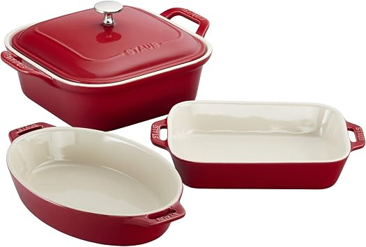 Staub Ceramic 4-pc Baking Pans Set, Casserole Dish with Lid, Brownie Pan, Cherry