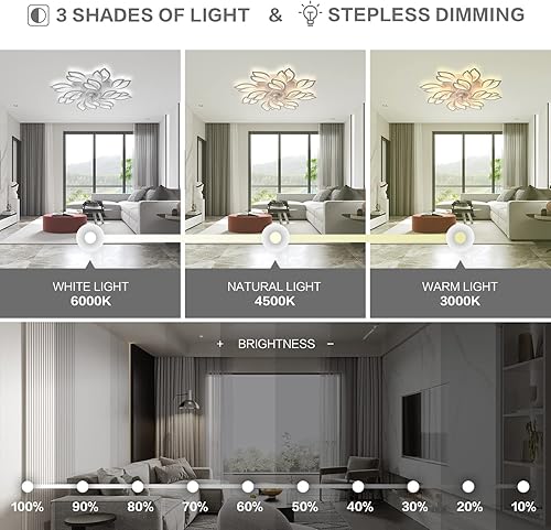 Miniatura 3 de 35" Modern Ceiling Fan with Lights Remote APP Control, Flush Mount LED Dimmable Ceiling Fan, 3 Color 6 Speed Low Profile with Light for Bedroom