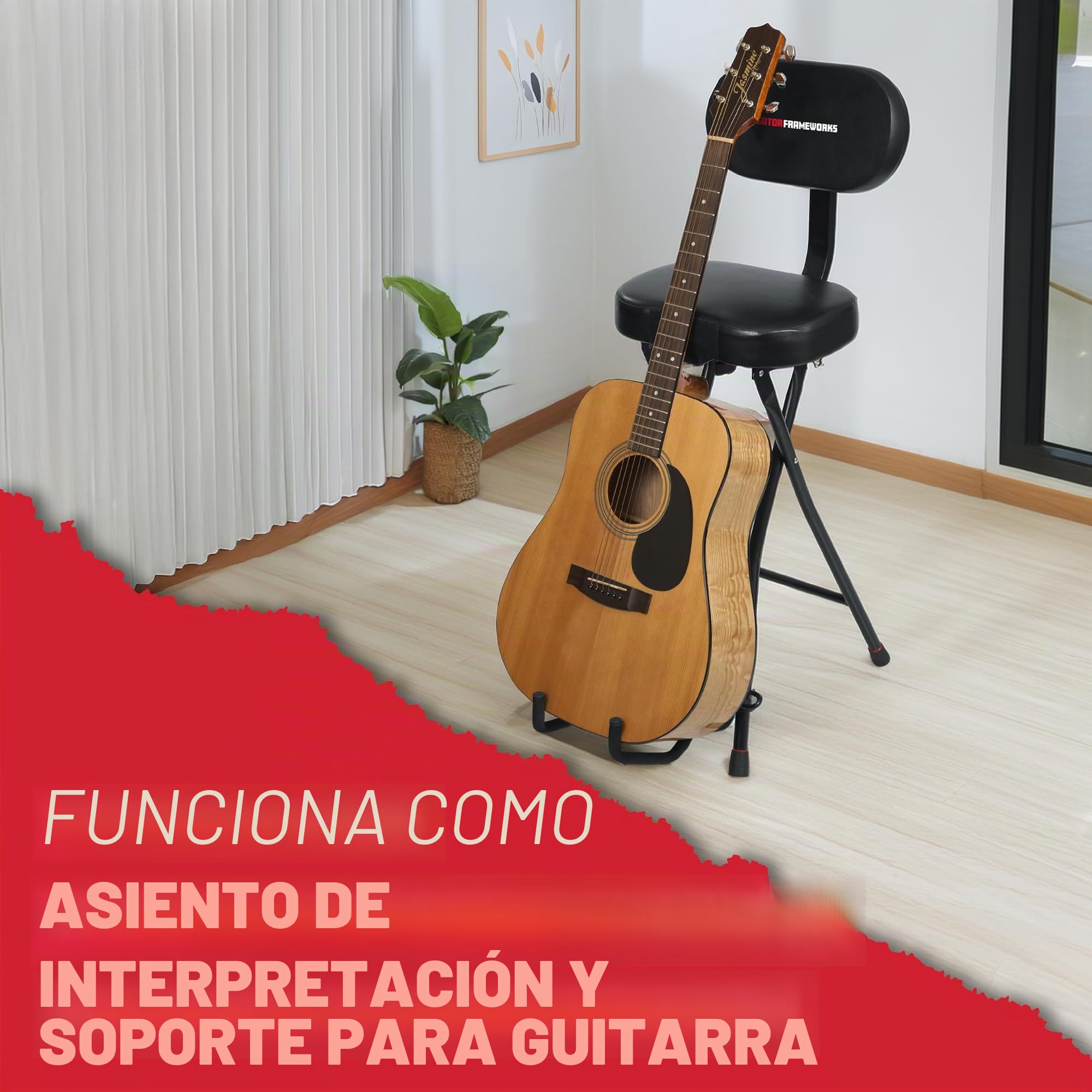 Gator Frameworks Asiento para Guitarra con cojín Acolchado, Respaldo ergonómico y Soporte para Guitarra abatible, Apto para Guitarras acústicas y eléctricas (GFW-GTR-Seat)