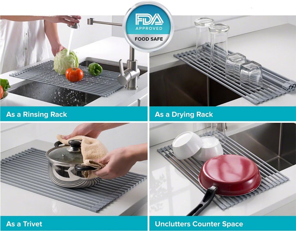 Ahyuan Large Roll up Dish Drying Rack 20.5'' Silicone Over Sink Dish Drying Rack Cubic Silicone Wrapped Steel Solid Bars Dish Racks for Kitchen Counter Sink Drying Rack (Warm Grey, Large20.5 Lx13 W)