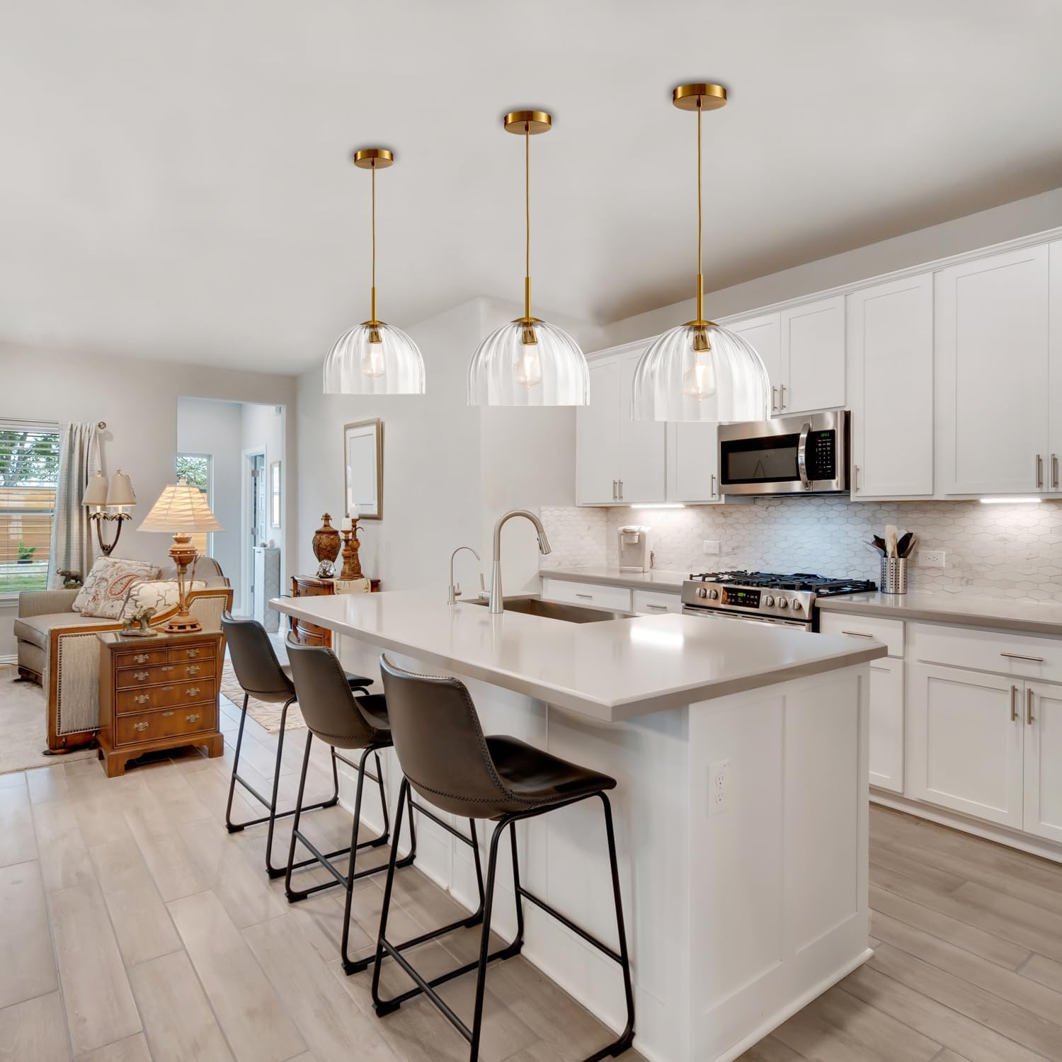 Modern Pendant Lights Kitchen Island, 11.8 Inch Dome Lampshade Large Chandelier, Rustic Farmhouse Industrial Ceiling Hanging LED Lighting Fixture with Clear Glass Bell Shade