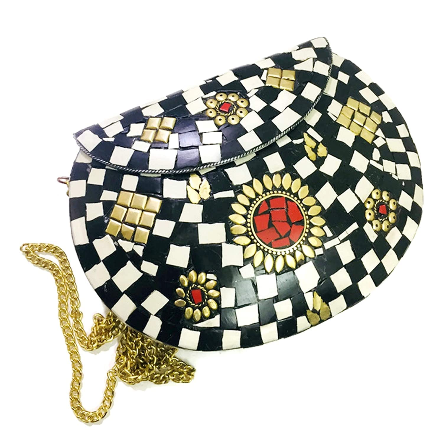 Bolso de metal de mosaico blanco y negro de estilo vintage para ella Bolso de noche étnico hecho a mano bolso de las mujeres (negro)