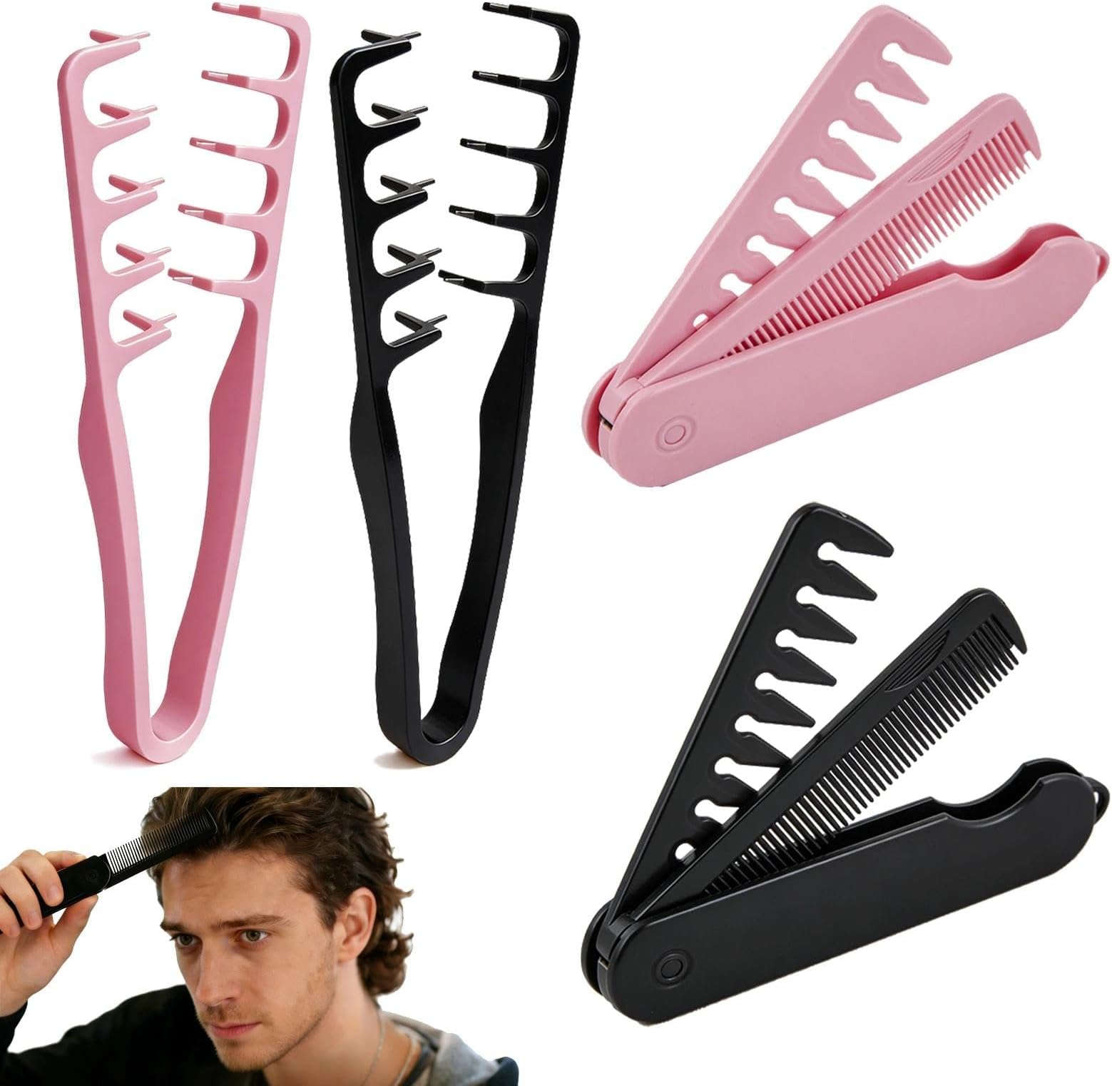 4 Pcs Hair Styling Comb Set, 2 Fluffy Texture Combs & 2 Folding 2-in-1 Wide & Fine Tooth Combs for Hair Detangling & Volumizing, Black Pink Portable Grooming Tools for Men Women Home Travel Salon