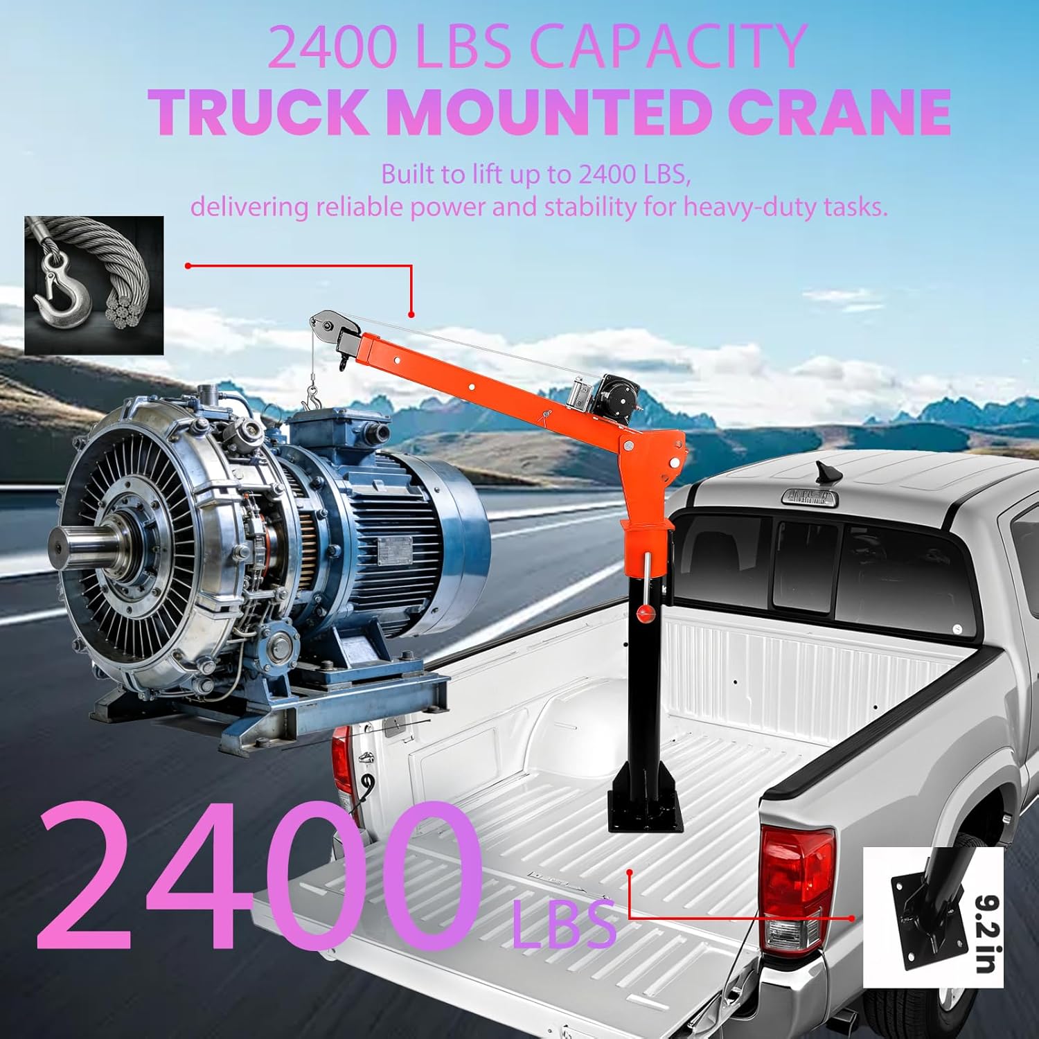 2400BLS Folding Truck-Mounted Crane, Alloy Steel Pickup Truck Crane with 360° Rotational Capability, Truck Jib Crane with 3500BLS Electric Winch 12V, Truck Crane with Remote Control