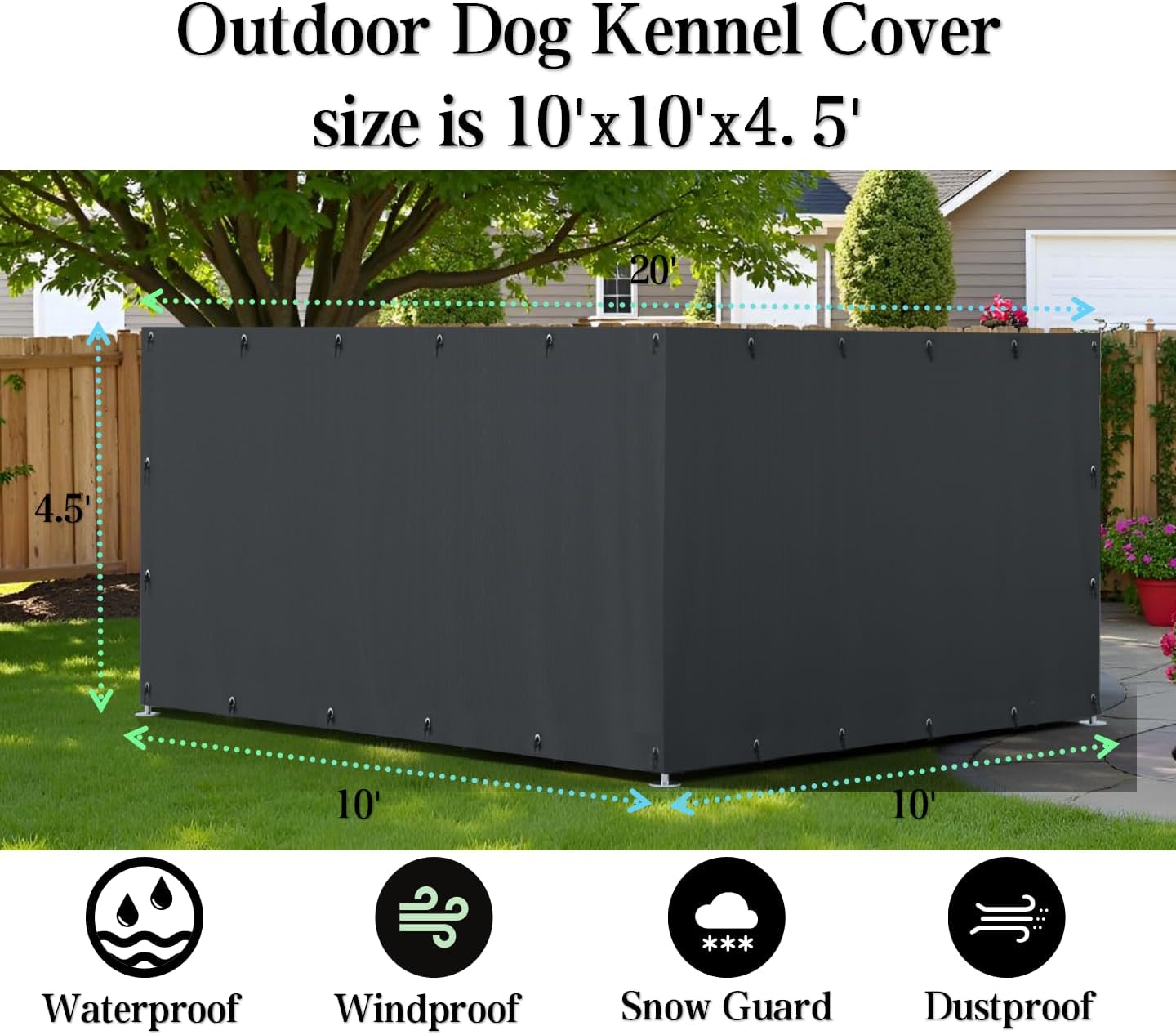 Dog Kennel Cover with 2 Side Panels Featuring Metal Grommets, Equipped with 44 Spherical Bungee Cords. 100% UV Protection Suitable for 10'x10'Outdoor Dog Kennels and Large Chicken Coops.