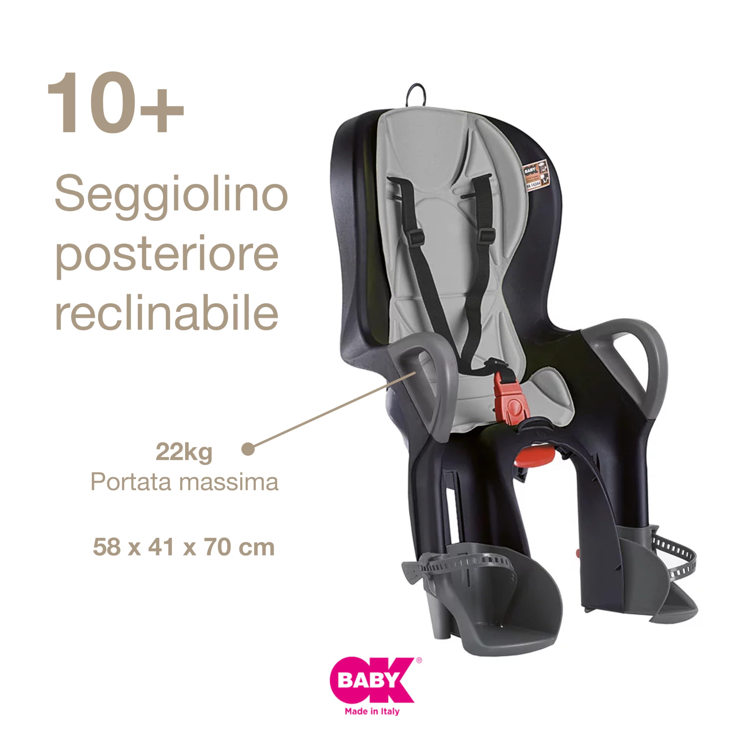 OKBABY 10+ - Seggiolino da Bicicletta Posteriore per Bambini Fino a 22 kg, Reclinabile