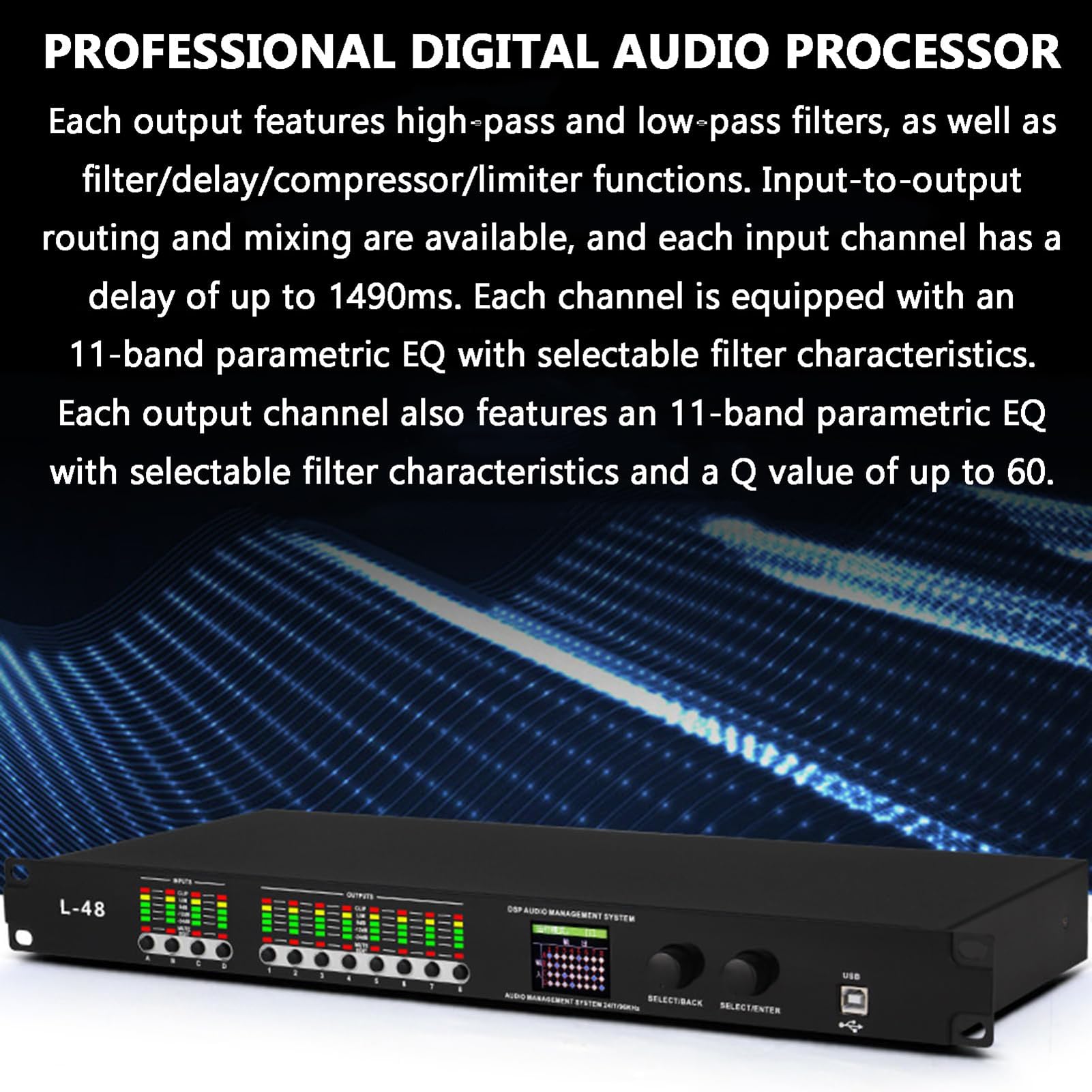 Procesador de audio digital, efecto karaoke de 32 bits, pantalla LCD, 16 modos prealmacenados, compatible con todos los micrófonos, escenario de rendimiento y reverberador de conferencias