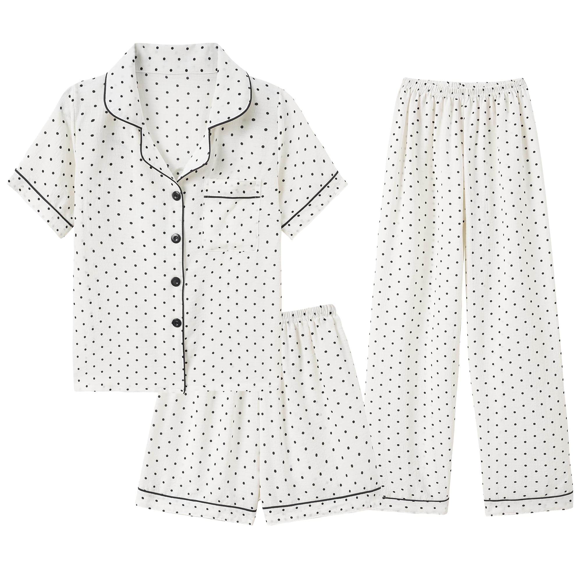Hupohoi Big Girls Button Down Pajama Set 3pcs Crepe Fabric Sleepwear Nighty