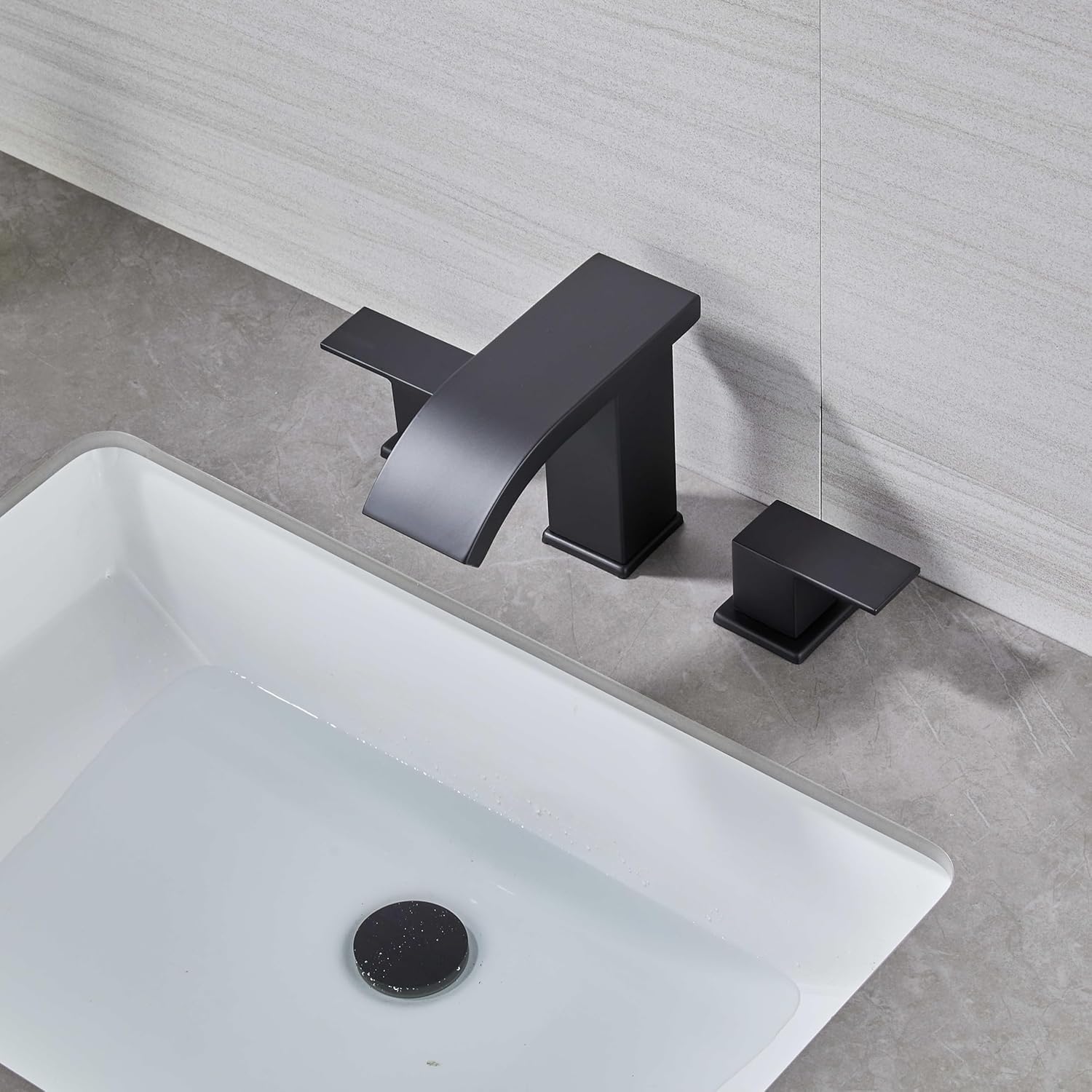 LED Light Black Waterfall Bathroom Faucet 3 Holes - 8Inch Widespread Bathroom Sink Faucet | Two Handles Lavatory Vanity Sink Faucets with Pop-up Drain Assembly & Supply Lines