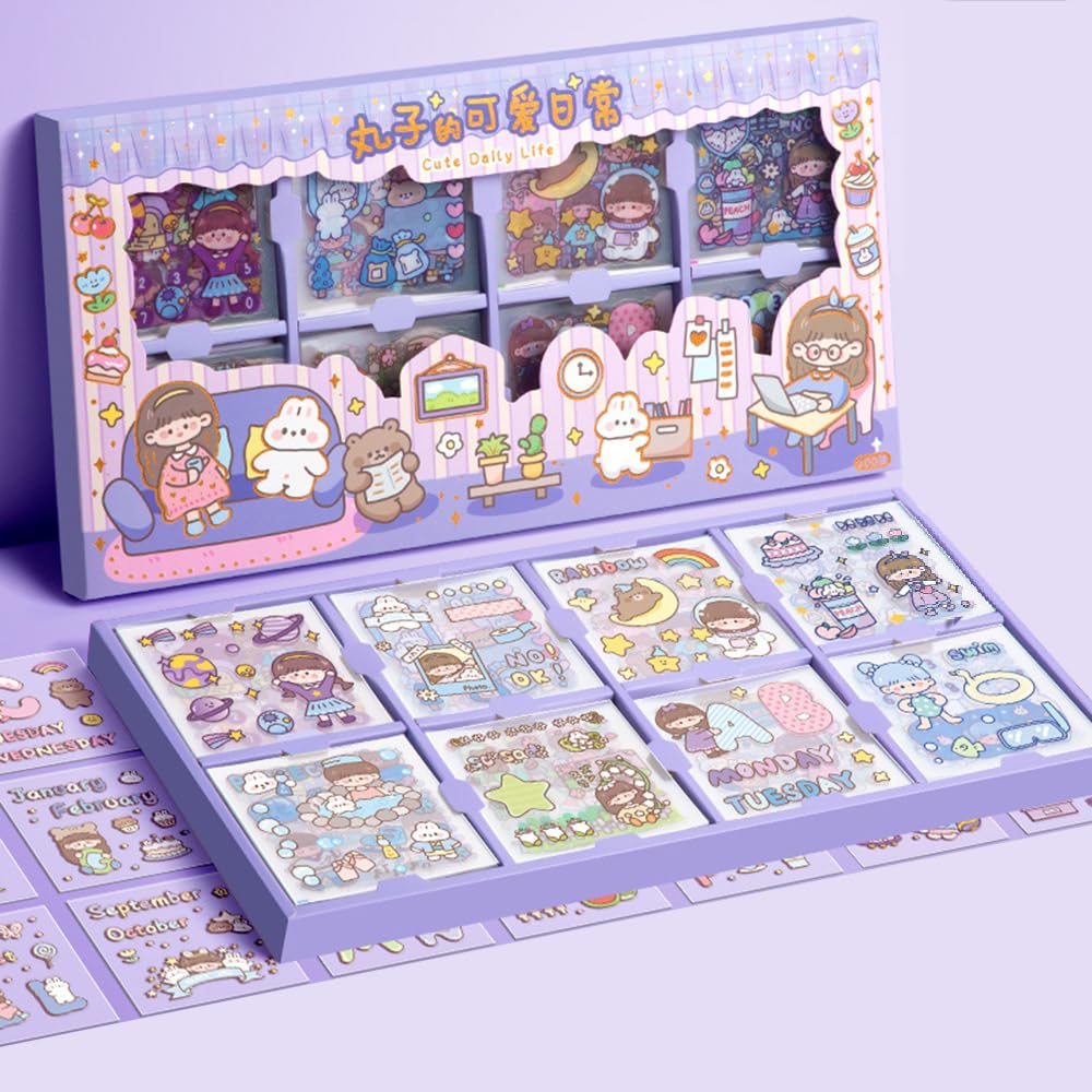 AM ANNA 200pcs Cute Cartoon Stickers - Waterproof Vinyl Transparent Kawaii Stickers for Notebook, Laptop, Scrapbook, Journaling, Diary, Album, and Planners - Boxed Gifts for Kids, Girls, Boys