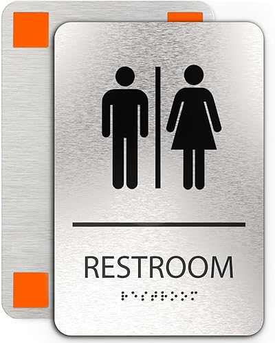 ADASigns - Letrero unisex para baño, aluminio cepillado duradero de 6 x 9 pulgadas con Braille, fácil instalación con cinta adhesiva fuerte, Baño