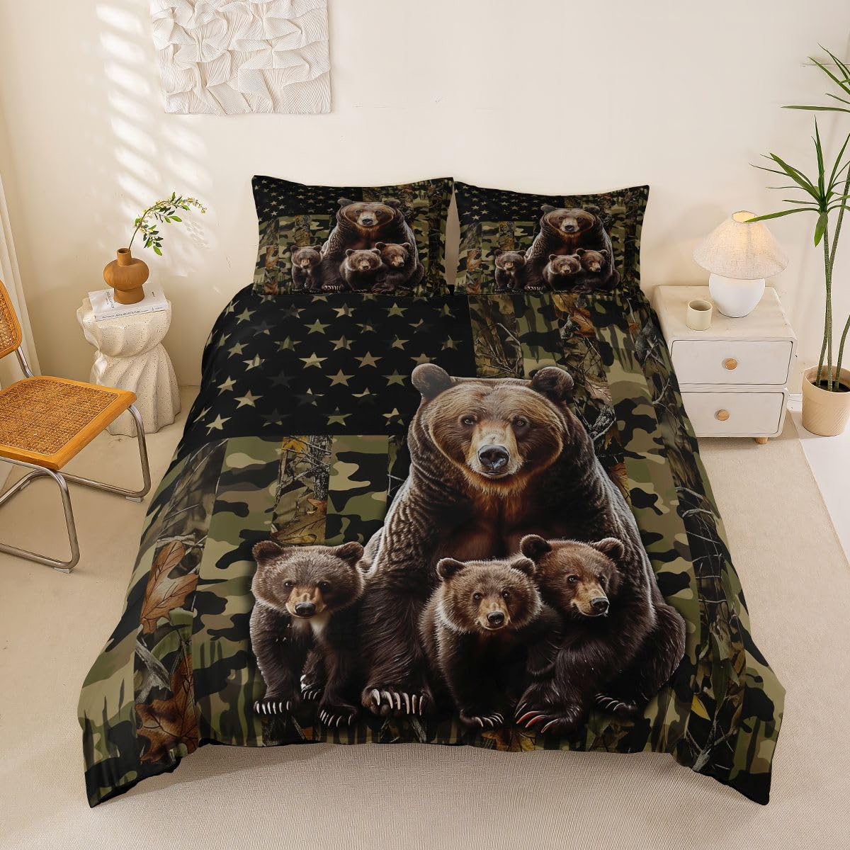 Parure de lit douce 200x200cm motif ours rustique et zippée