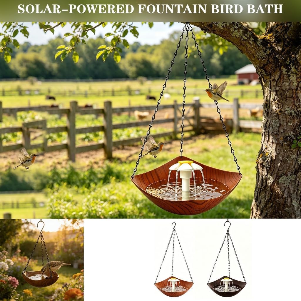 Outdoor Bird Bath Bowl with Wood Look Body and Solar Insert Use
