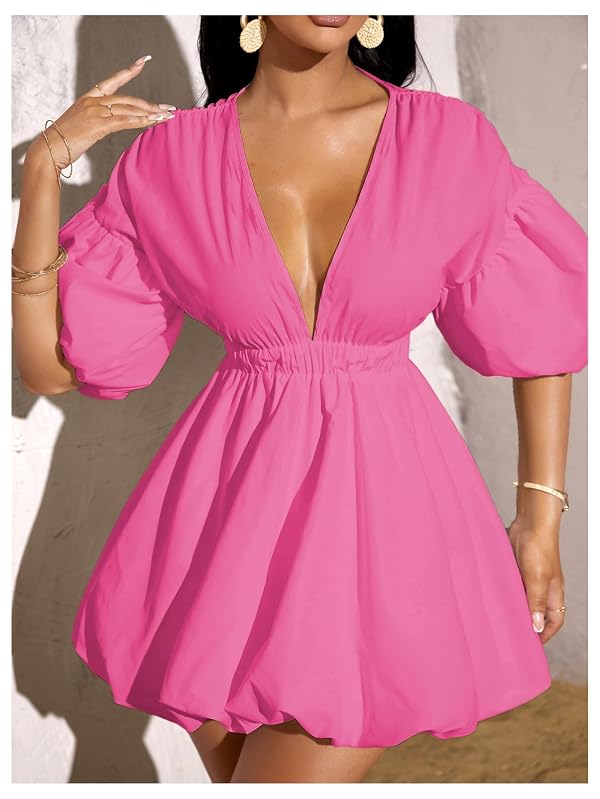 WDIRARA Women's Deep V Neck Puff Sleeve Flare Ruffle Summer Dress by WDIRARA - Used condition - Image 4