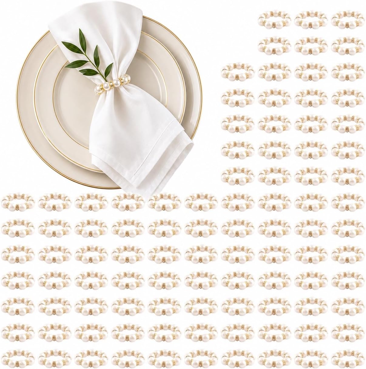 24 Pack Pearl Gold Napkin Rings Bulk Holders Wedding Decor