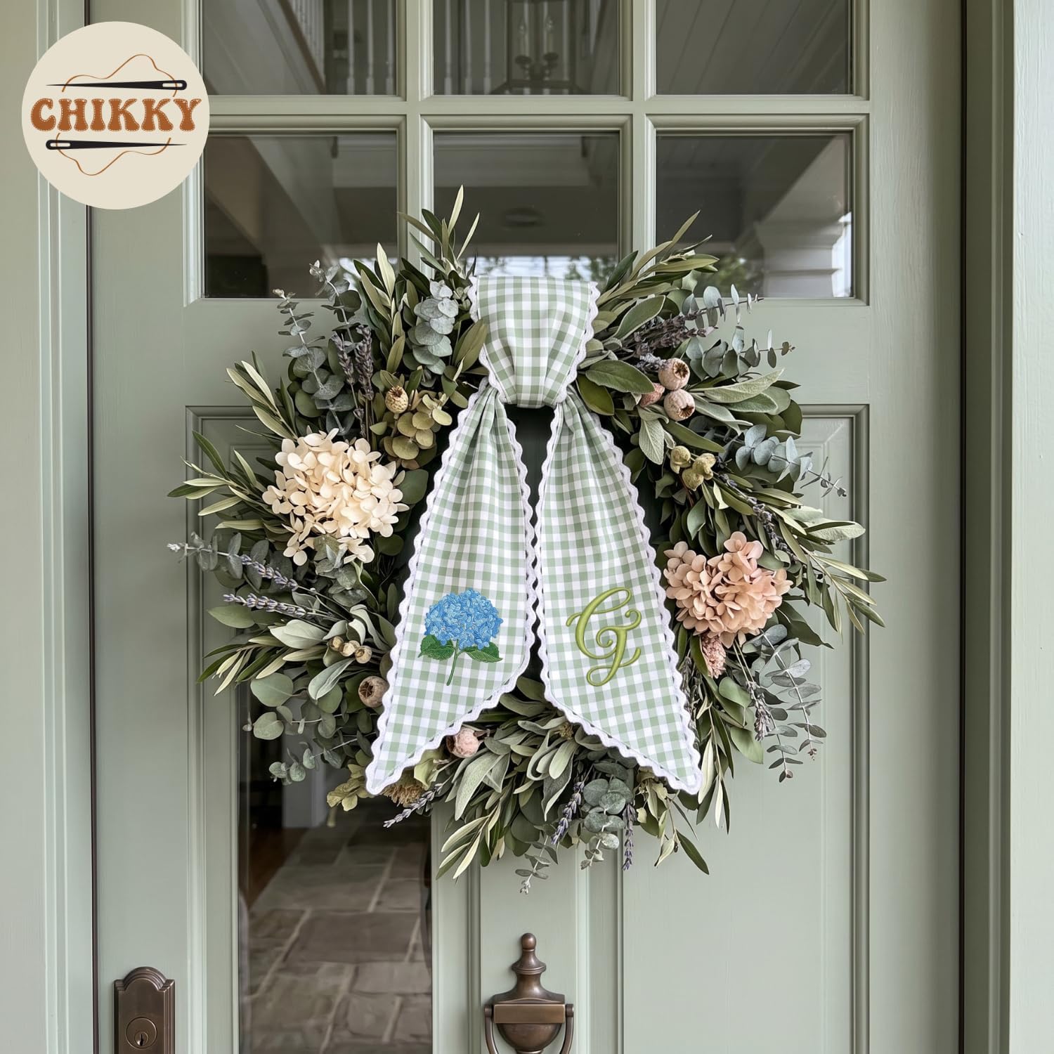 Monogram Wreath Sash for Front Door, Personalized Sash for Wreath, Monogram Name Embroidered Name Bow Gift Memorial, Holiday, Wedding, Farmhouse Door Wreath Decor (09 - Blue hygrangea)
