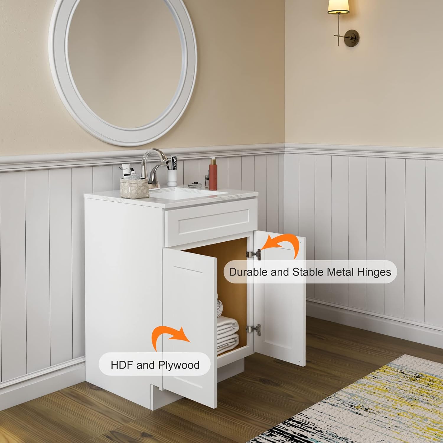ROOMTEC Bathroom Cabinet, 24'' Free Standing Single Bathroom Vanity with 1 False Drawer and 2 Doors,Morden Bathroom Sink Vanity Storage Cabinet, Shaker White