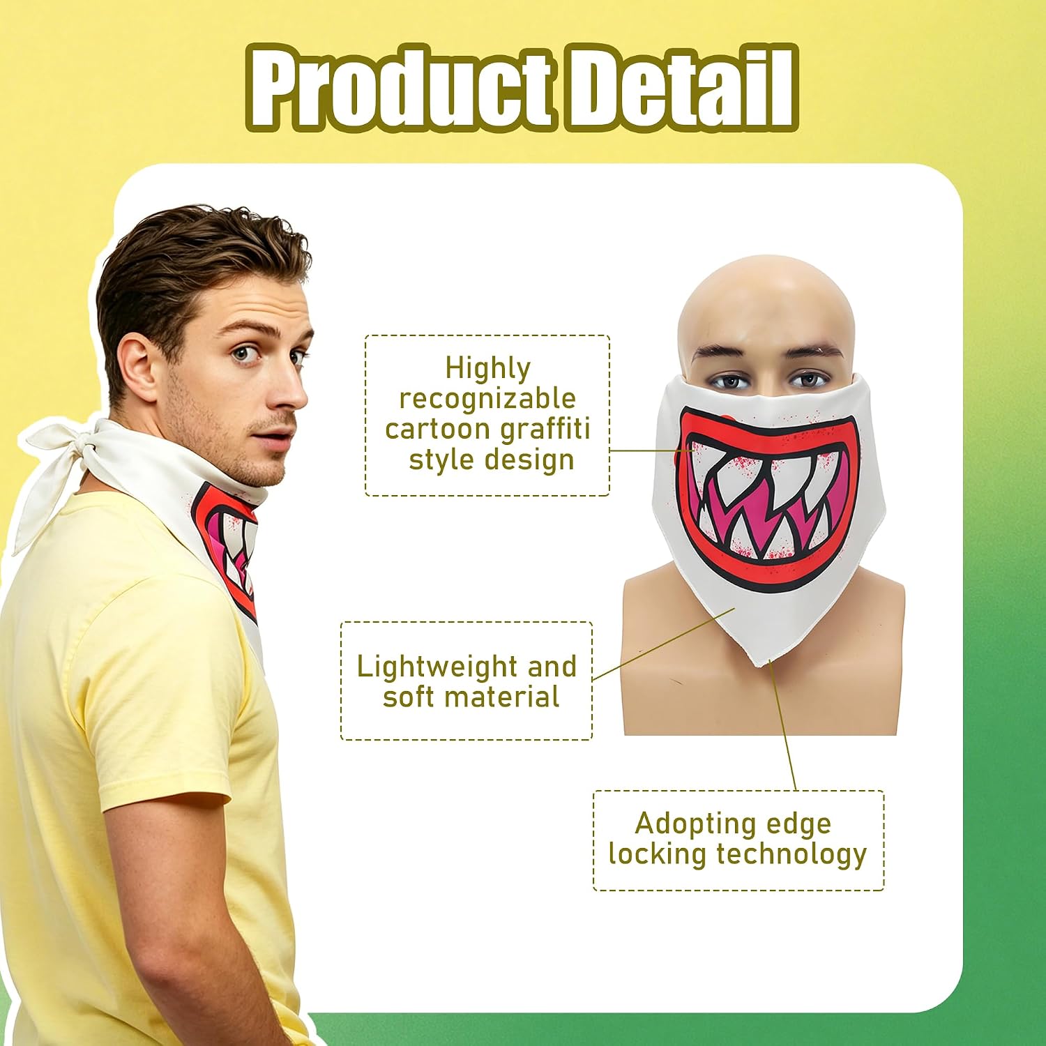 MORTICIA Monster Style Bandana Mask Graffiti Sharp Teeth Print Face Cover Triangle Bib for Cosplay Party Costume Accessory