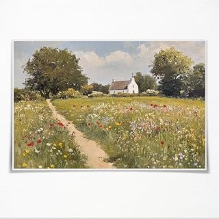 Chapel in Bloom Wall Art Poster Tranquil Countryside Landscape Painting with Wildflowers and Dirt Path for Bedroom Living Room Rustic Decor 11x14inch Unframed