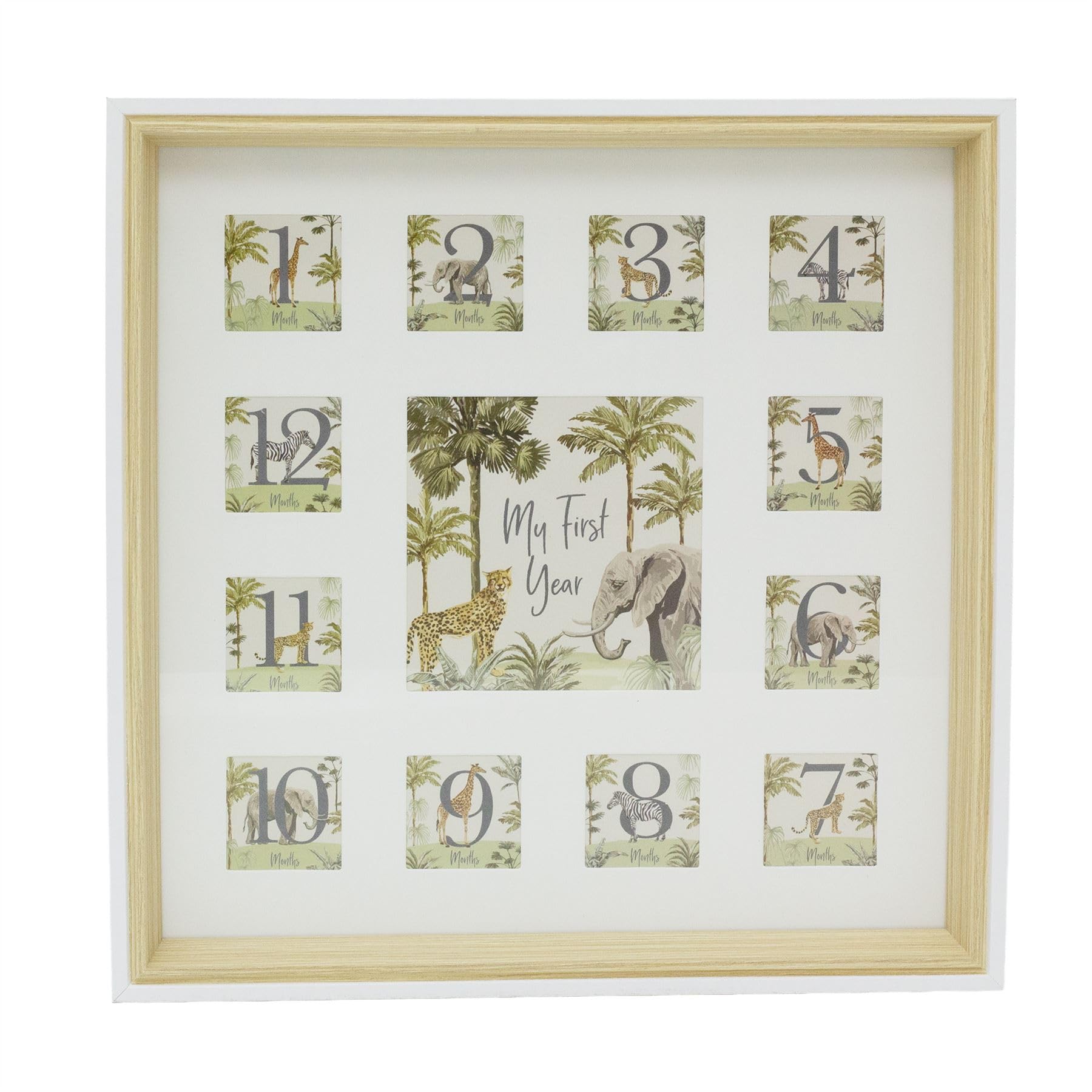 My First Year Baby Photo Frame, 27cm Safari-Themed Wooden Newborn Keepsake Picture Frame with 13 Apertures for Nursery and New Baby Memories