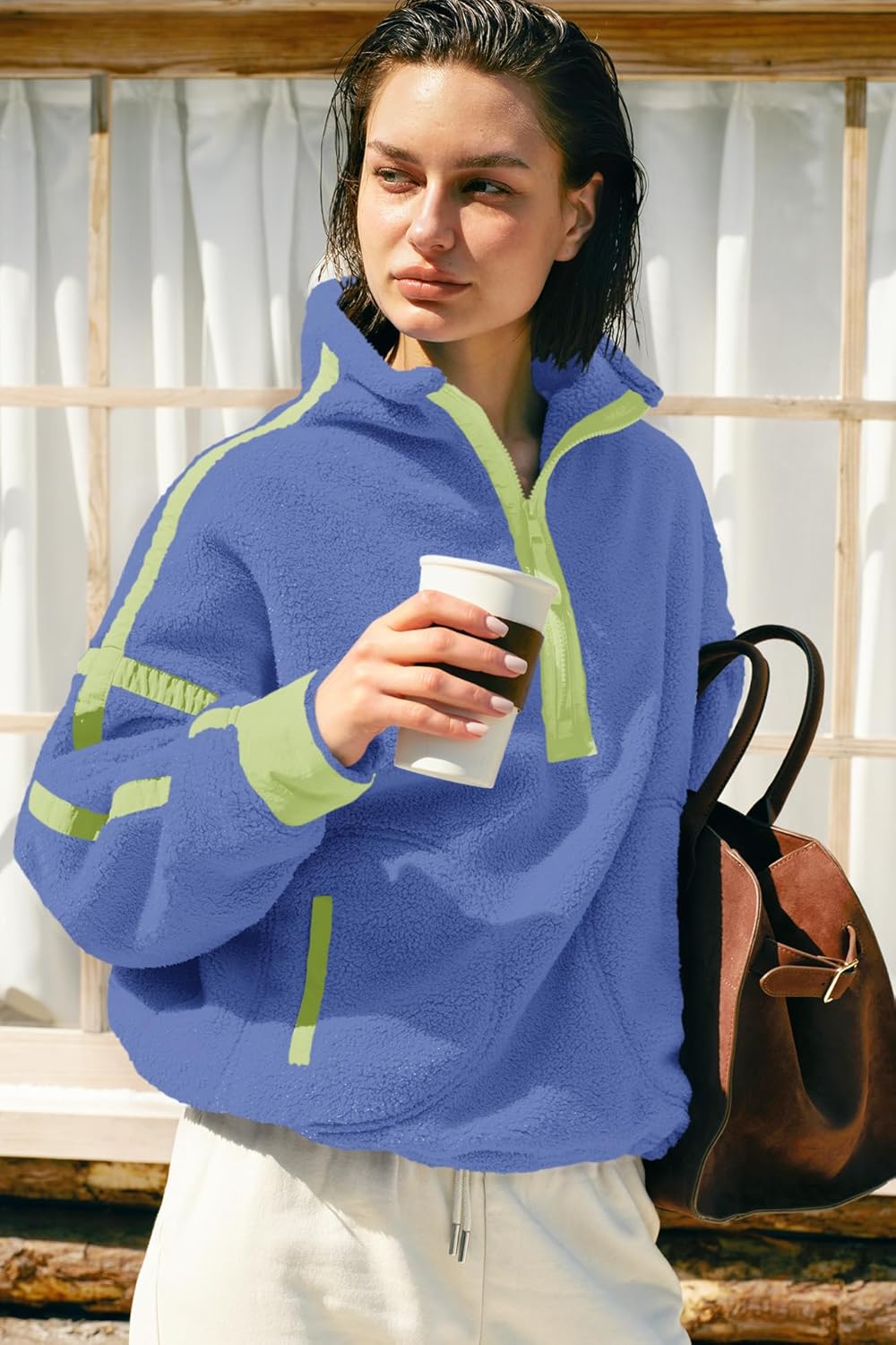 Panadila Womens Half Zip Sherpa Fleece Pullover Soft Oversized Sweatshirt with Pockets Warm Fuzzy Sweater - Image 4