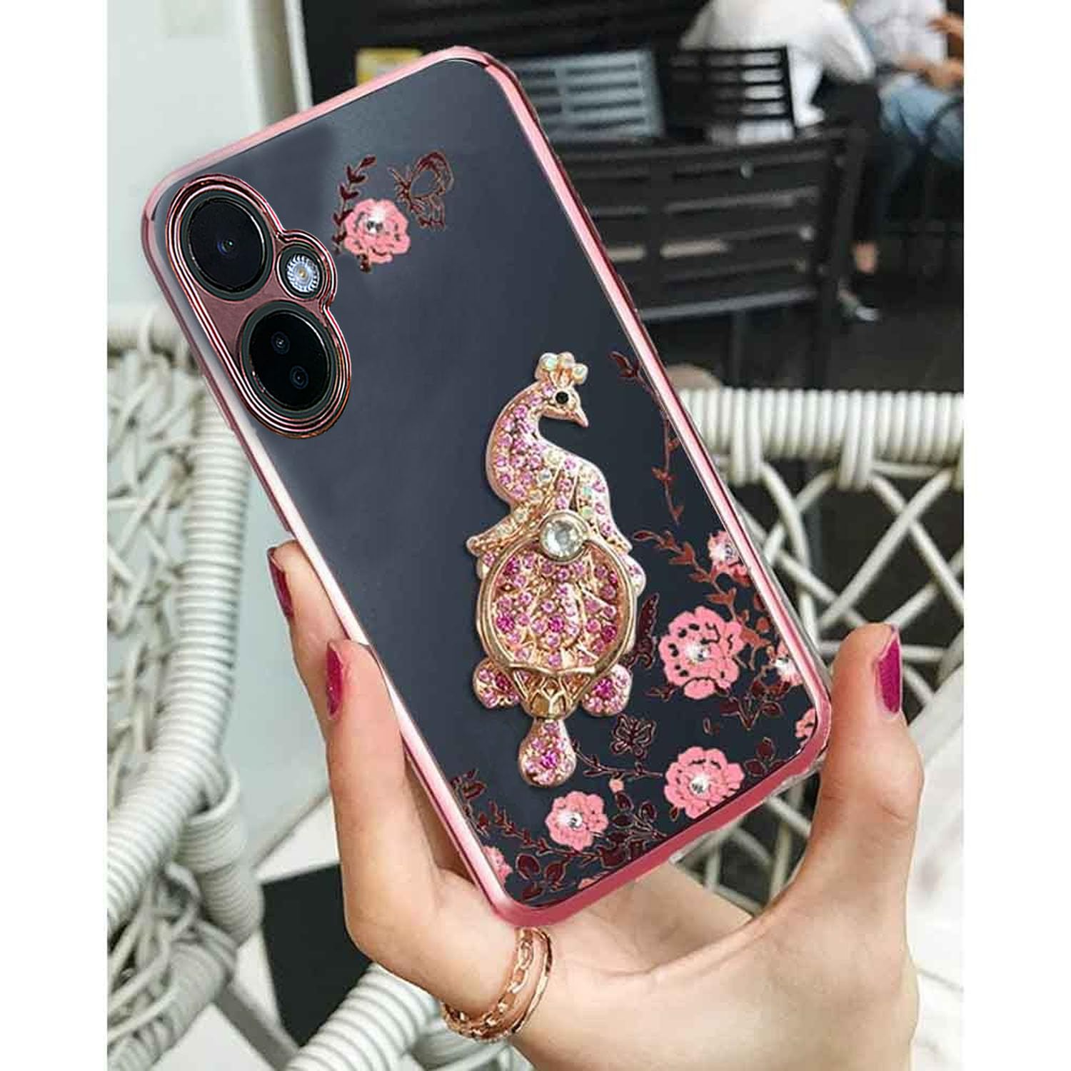KC Back Cover for Oneplus Nord CE 3 Lite 5G, Bling Peacock Rhinestone 360 Degrees Finger Ring Holder Grip Stand Silicone Camera Protection Case (Rose Gold Pink)-image-15