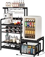 Vista 10 de Mini soporte para refrigerador con toma de corriente, soporte para microondas con estante para vino, barra de café con cestas de almacenamiento