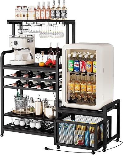 Miniatura 10 de Mini soporte para refrigerador con toma de corriente, soporte para microondas con estante para vino, barra de café con cestas de almacenamiento