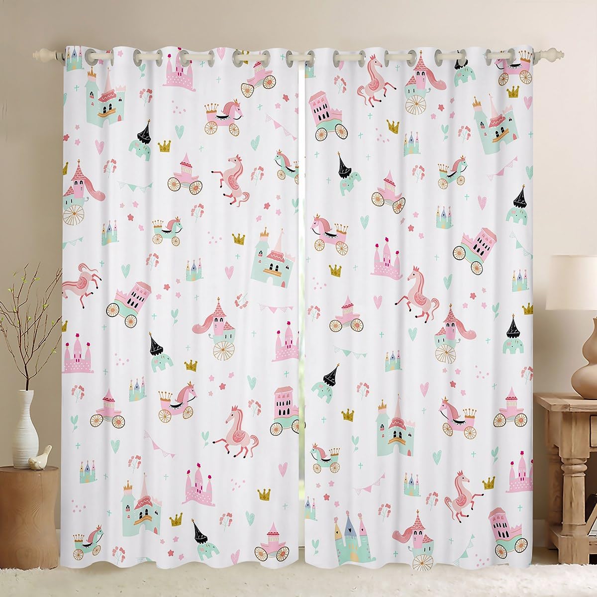 Tende per finestre in stile principessa per bambini, per camera da letto e salotto, tende rosa per ragazzi e ragazze, decorazione per camera da letto, tende con carrozza, per donne e uomini