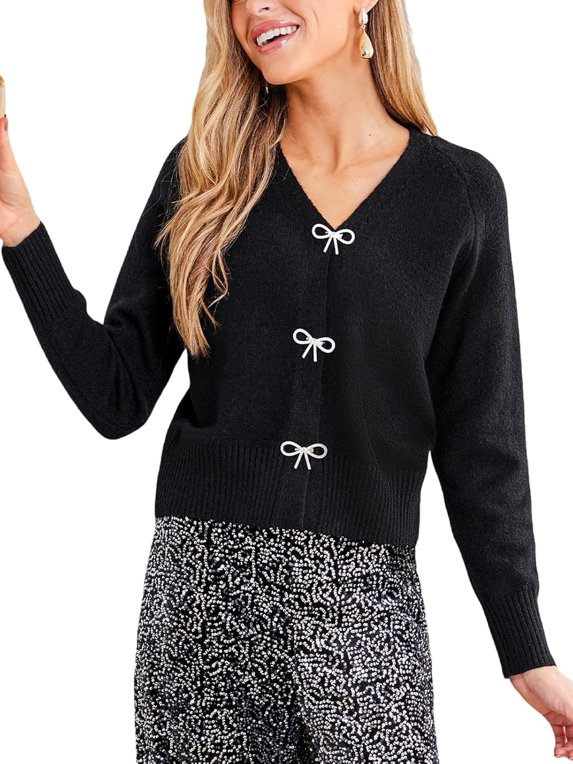 CUPSHE Womens Long Sleeve Bow Knit Cardigan V Neck Lightweight Open Front Sweater Fall Winter Casual Sweater Top