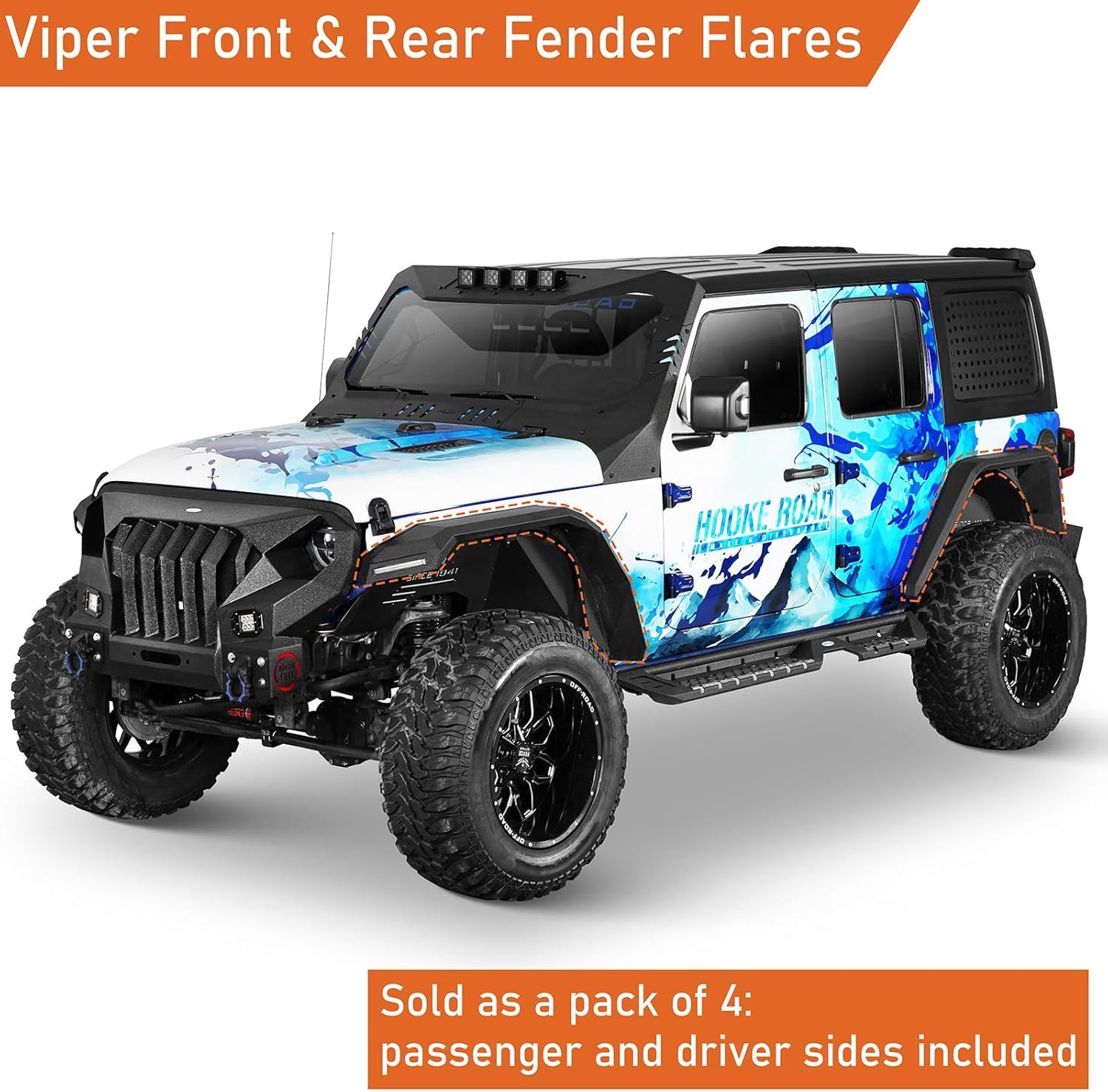 Hooke Road Wide Flat JL Fender Flares for 2018-2026 Jeep Wrangler JL JLU 2/4 Doors, Rugged Style Front & Rear Steel Fenders with LED Turn Signal Lights