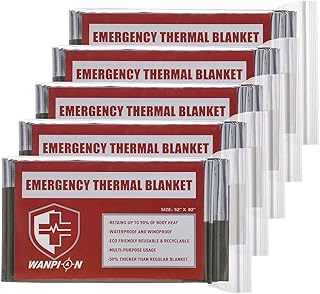 Emergency Mylar Thermal Blankets Survival Foil Space Blanket, Pack of 5, Retains 90% of Heat, Waterproof, Survival Gear Em...