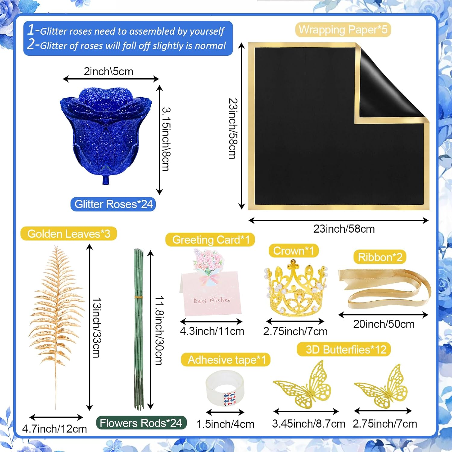 Artificial Glitter Roses Bouquet - 24 Pack DIY Glitter Eternal Bouquet Fake Shiny Flowers with Stems for Crafts Wedding Anniversary Birthday Valentine's Day Blue - Image 5