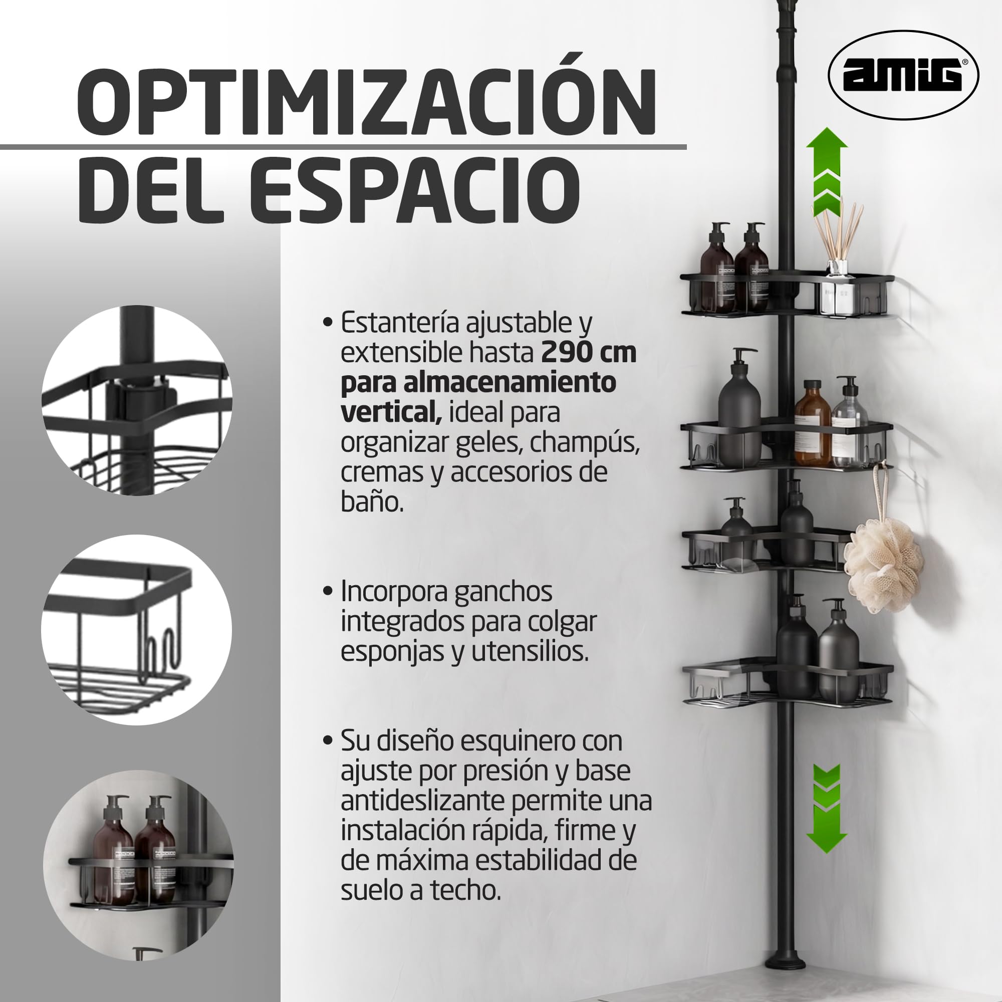 Amig - Estanteria Ducha Telescopica - Ajustable hasta 290cm - Color Negro
