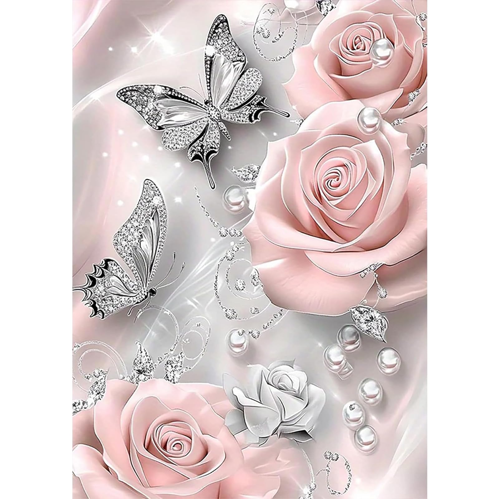 NAIMOER Pink Roses & Silver Butterflies Diamond Art Kits for Adults, DIY Full Drill 5D Flower Diamond Painting Kits, Adults Diamond Art on Canvas for Relaxation Gifts Home Decor 30x40cm — image 1