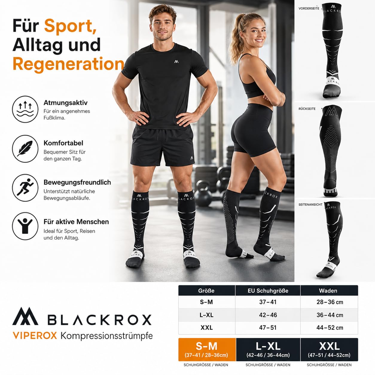 BLACKROX Kompressionsstrümpfe Sport VIPEROX Kompressionssocken Vergleichssieger Sportkompressionsstrumpf Laufstrümpfe Damen & Herren Lang Unisex