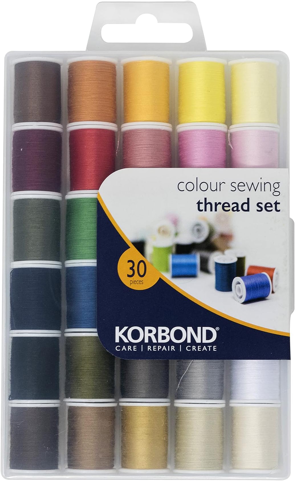 Korbond Complete Thread Set-1350m-30 x 45m Colours – Hand and Machine Sewing, Repairs, Crafting, Polyester, Multicoloured, 30 Spool