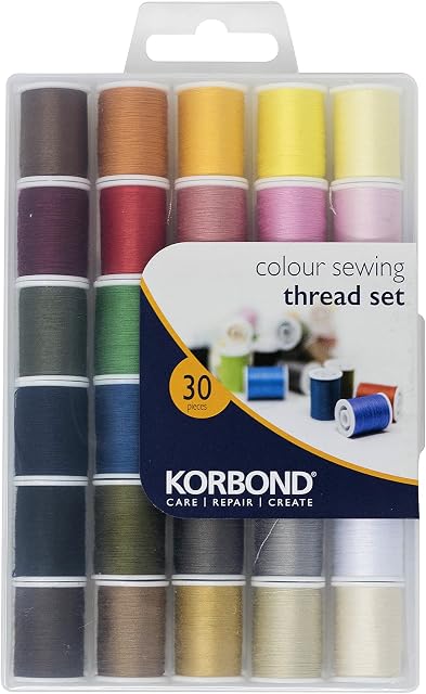 Korbond Complete Thread Set-1350m-30 x 45m Colours  Hand and Machine Sewing, Repairs, Crafting, Polyester, Multicoloured, 30 Spool
