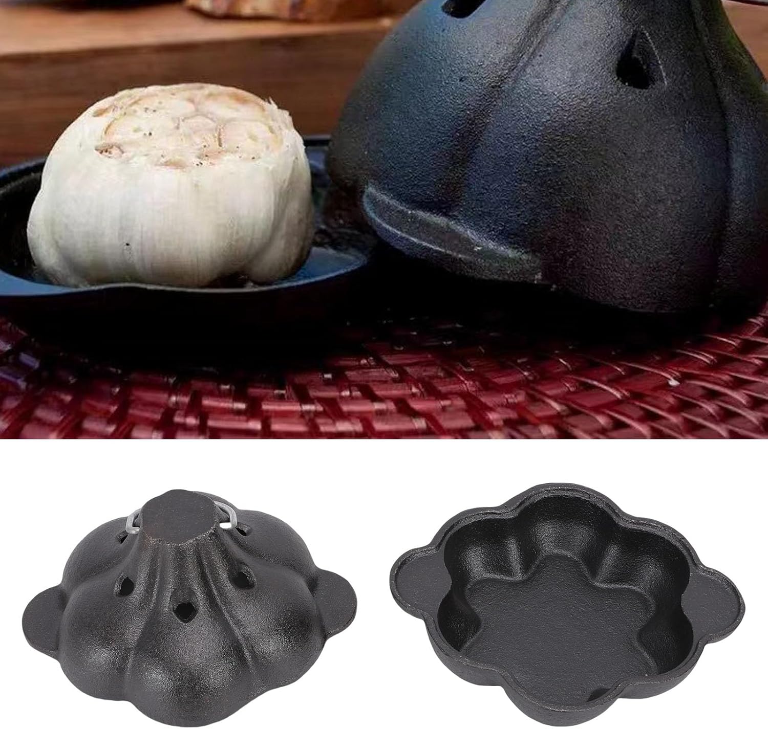 Cast Iron Garlic Roaster, Sturdy Structure with Lid and Lifter, Suitable for Oven Grill Campfire Indoor Outdoor Use