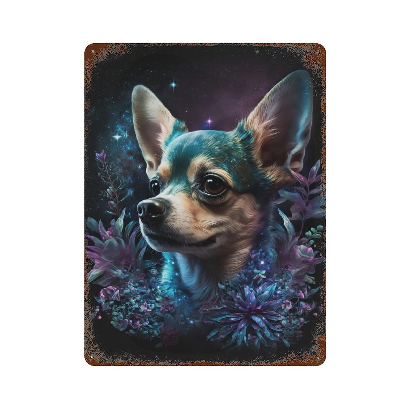 Garage Style Galactic Chihuahua with Flowers -5 Retro Metal Sign 15.7"x11.8", Classic Wall Plaque for Bar And Workshop
