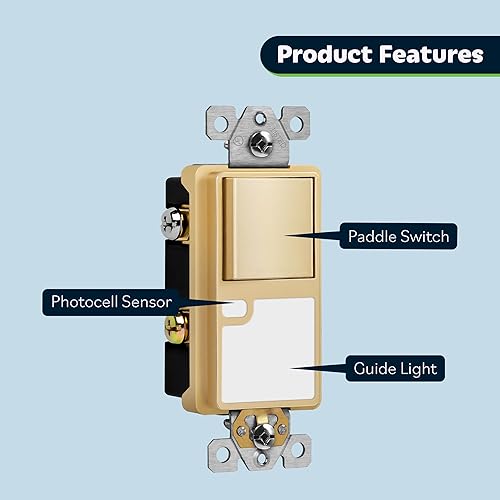 Miniatura 9 de TOPGREENER Interruptor de paleta de luz de guía LED con sensor automático de luz diurna, interruptor de luz decorativa de luz nocturna, 120VAC15A,