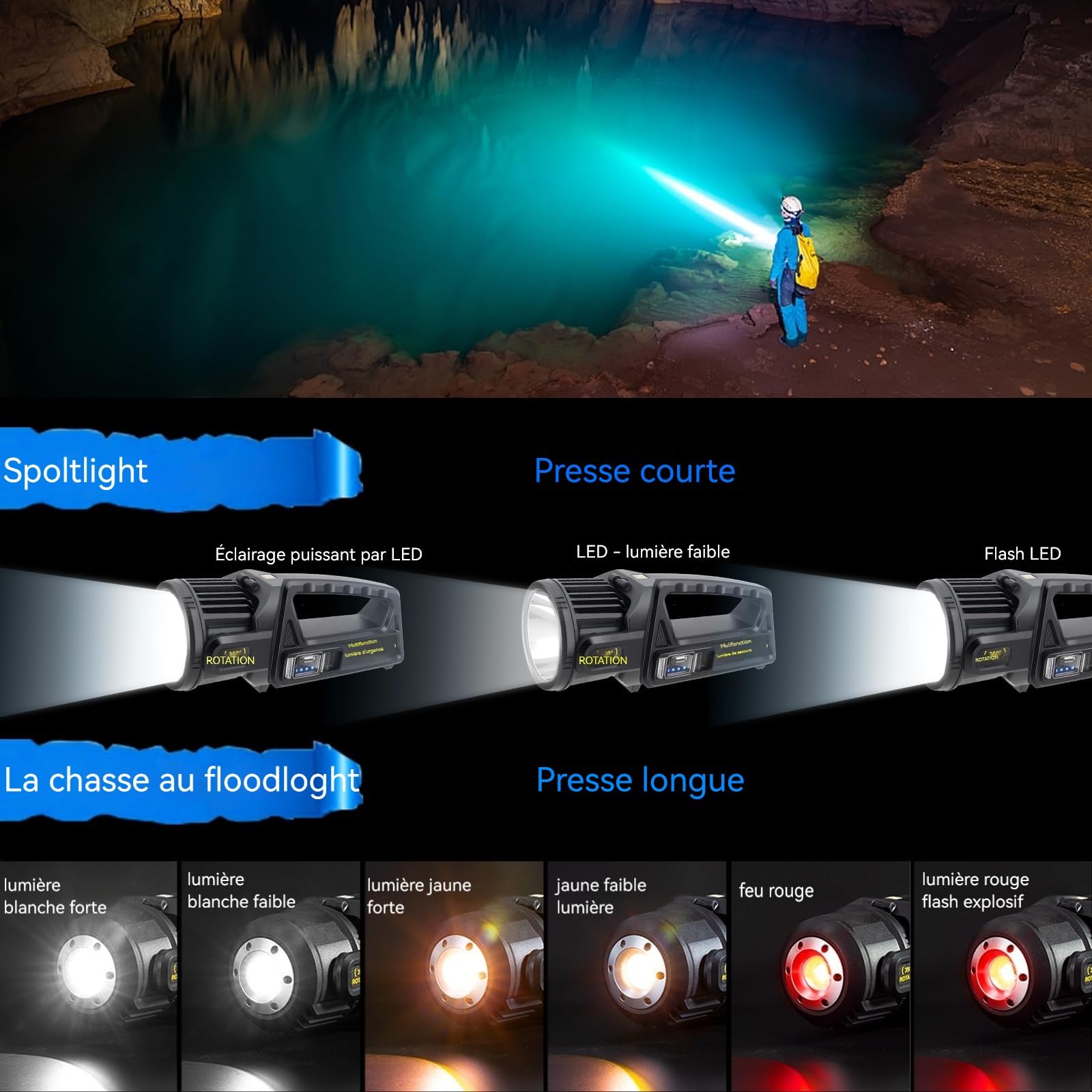 LETOUR Lampe Torche LED Ultra Puissante, Lampe de poche 350000LM Super Longue Portée, Projecteur de Recherche 9 Modes, Lanterne de Camping Étanche, Rechargeable USB (Extérieur, Travail, Urgence)